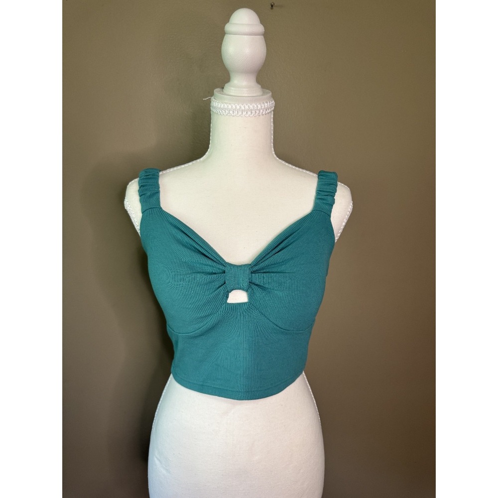 Listicle Ribbed Tank Crop Top Teal Keyhole Front Sleeveless M NWT